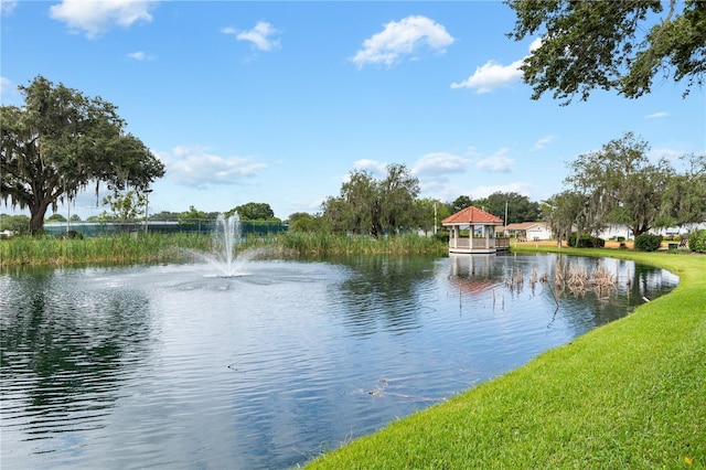 property view of water with a gazebo