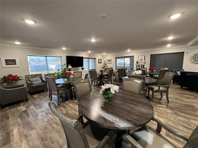 dining space featuring crown molding, wood-type flooring, and a textured ceiling