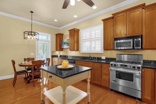 kitchen with pendant lighting, sink, stainless steel appliances, and light hardwood / wood-style flooring