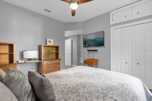 bedroom with ceiling fan and a closet