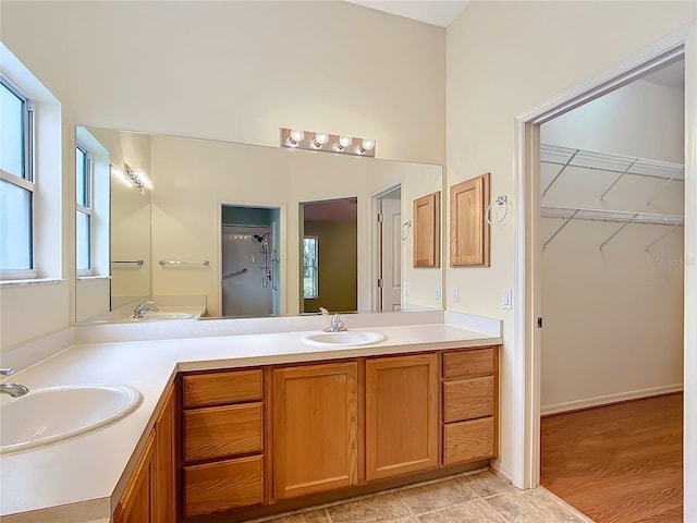 bathroom with hardwood / wood-style floors and vanity