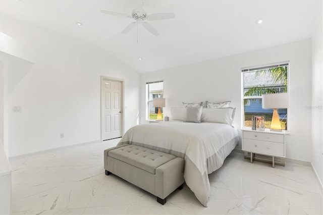 bedroom with ceiling fan and vaulted ceiling