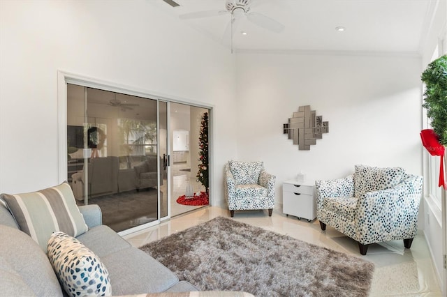 tiled living room featuring crown molding