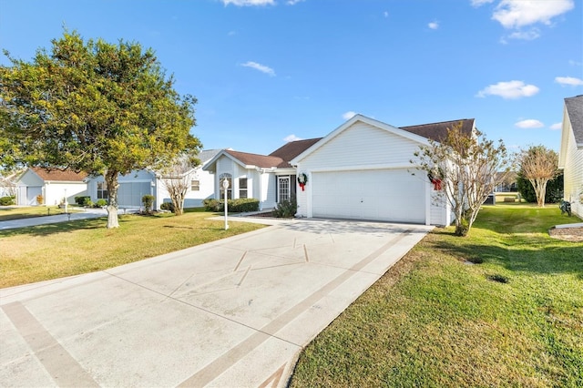 ranch-style home featuring a front yard and a garage