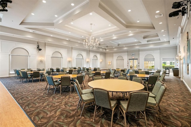 dining area with dark colored carpet, a notable chandelier, beam ceiling, and coffered ceiling