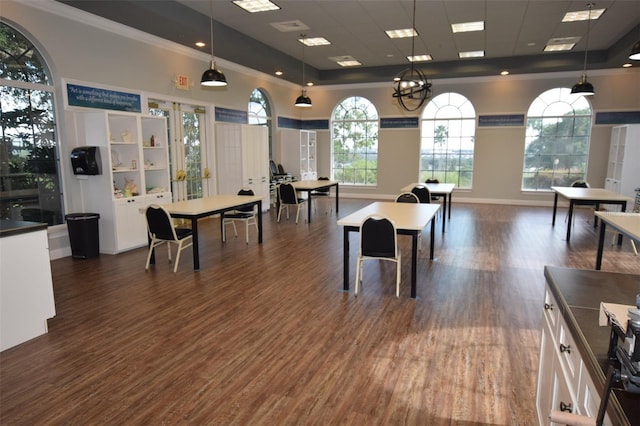 recreation room featuring dark wood-type flooring and a notable chandelier