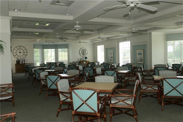 dining room featuring carpet flooring, a wealth of natural light, beamed ceiling, and coffered ceiling