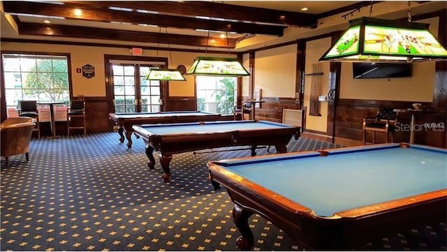 playroom featuring carpet, beamed ceiling, billiards, and french doors