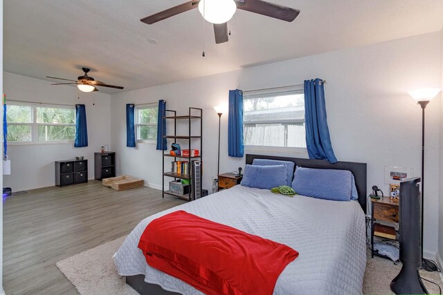 bedroom featuring multiple windows, ceiling fan, and light hardwood / wood-style floors