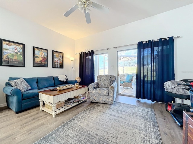 living room with ceiling fan and hardwood / wood-style floors