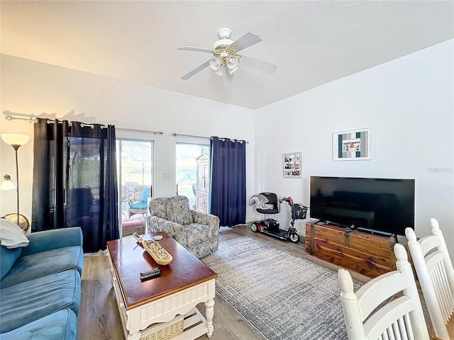 living room with ceiling fan and light hardwood / wood-style flooring