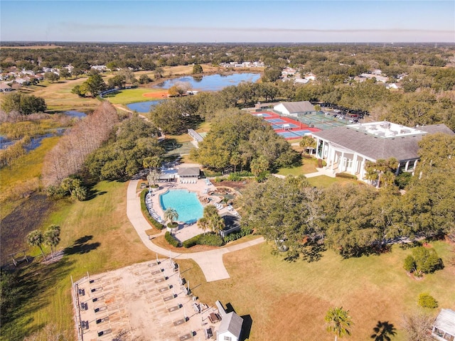 aerial view featuring a water view