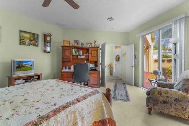 bedroom featuring access to exterior, light carpet, and ceiling fan