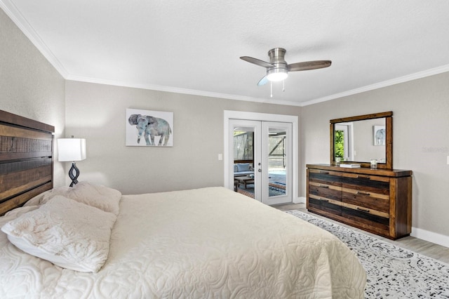 bedroom with french doors, crown molding, ceiling fan, access to exterior, and light wood-type flooring