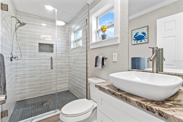 bathroom with a shower with door, vanity, ornamental molding, and toilet