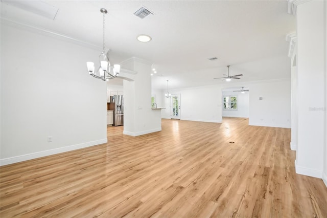 unfurnished living room with ceiling fan with notable chandelier, light wood-type flooring, and crown molding