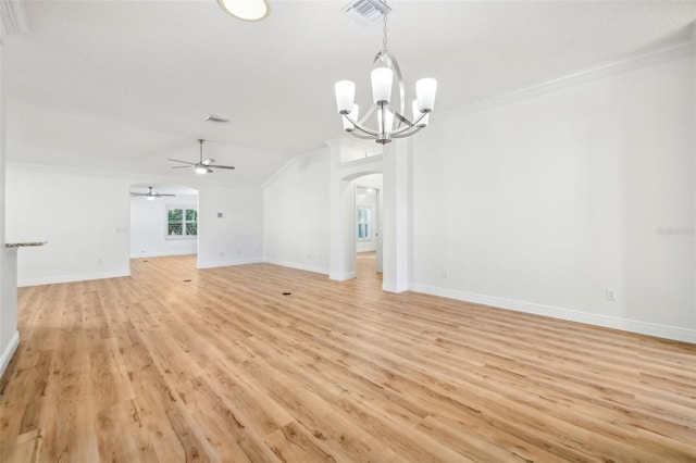 unfurnished living room featuring ceiling fan with notable chandelier, ornamental molding, and light hardwood / wood-style flooring