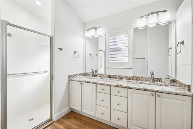 bathroom featuring vanity, wood-type flooring, and an enclosed shower