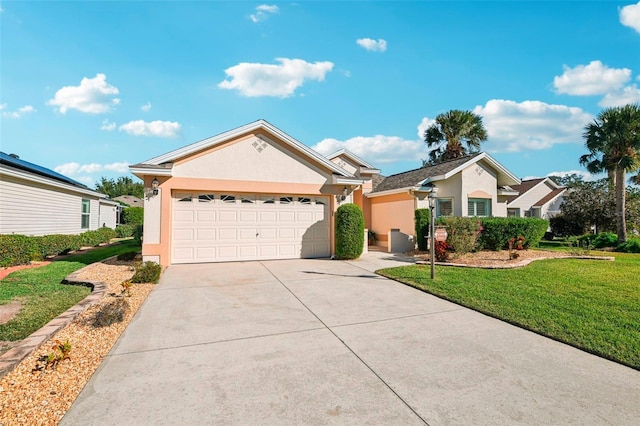 single story home with a garage and a front yard