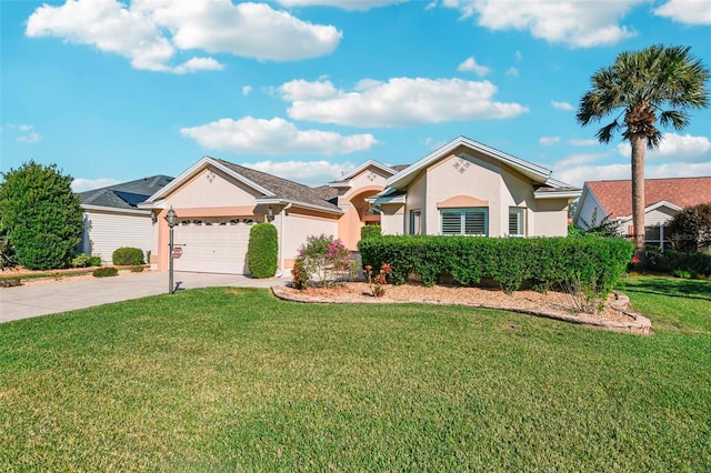 ranch-style house with a front yard and a garage