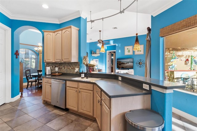 kitchen with dishwasher, light brown cabinets, tasteful backsplash, pendant lighting, and ornamental molding