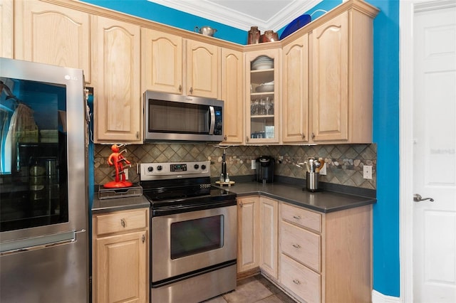 kitchen featuring decorative backsplash, light brown cabinets, ornamental molding, and stainless steel appliances