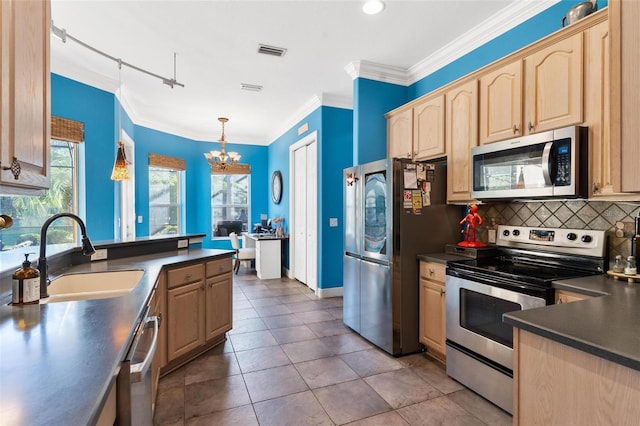 kitchen featuring sink, a notable chandelier, crown molding, decorative light fixtures, and appliances with stainless steel finishes