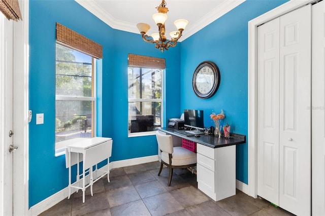 home office with a notable chandelier and ornamental molding