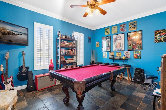 rec room with ceiling fan, crown molding, and pool table