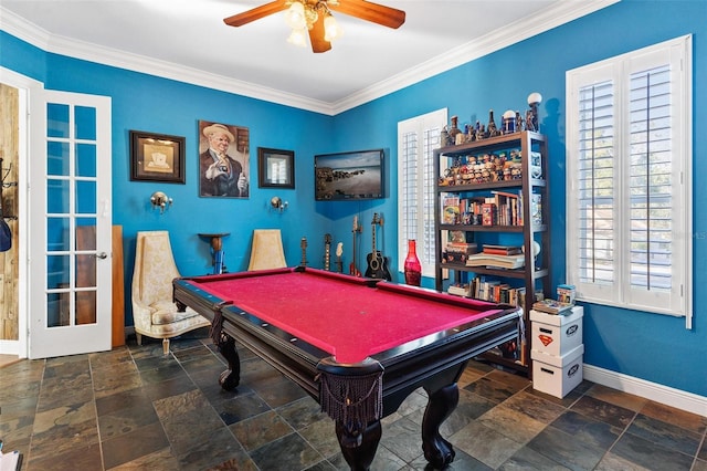 playroom with crown molding, french doors, ceiling fan, and pool table