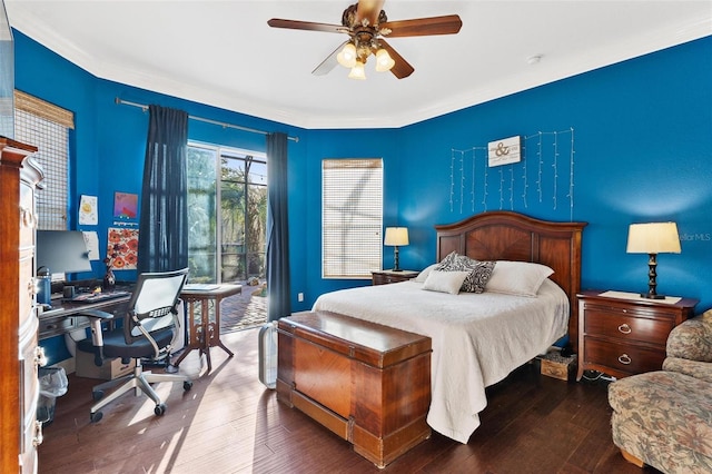 bedroom featuring access to outside, ceiling fan, hardwood / wood-style floors, and ornamental molding