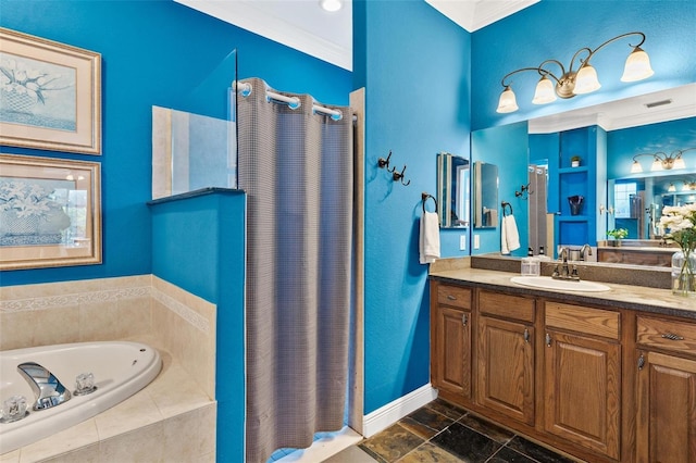 bathroom featuring vanity, independent shower and bath, and crown molding