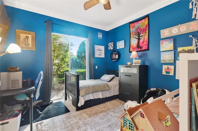 bedroom with carpet, ceiling fan, and crown molding