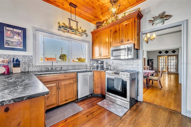 kitchen with wooden ceiling, sink, hanging light fixtures, dark hardwood / wood-style floors, and appliances with stainless steel finishes