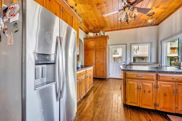 kitchen with crown molding, stainless steel refrigerator with ice dispenser, ceiling fan, dark hardwood / wood-style flooring, and wood ceiling