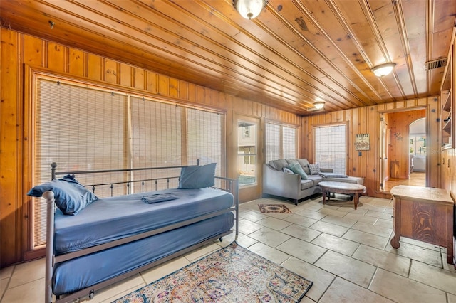 bedroom featuring wood walls and wooden ceiling