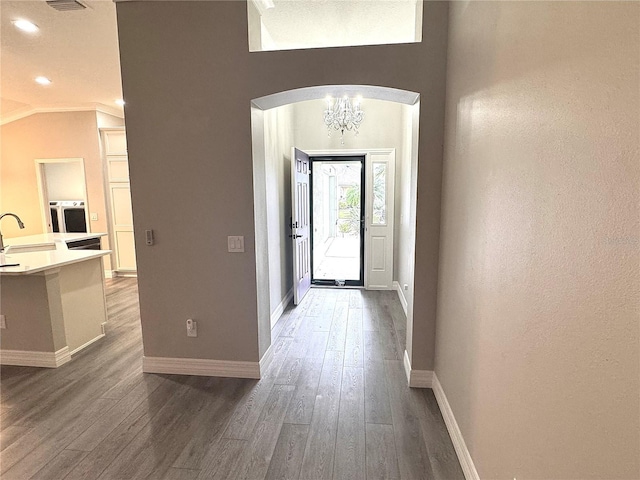 foyer entrance with dark hardwood / wood-style flooring, a chandelier, lofted ceiling, and sink