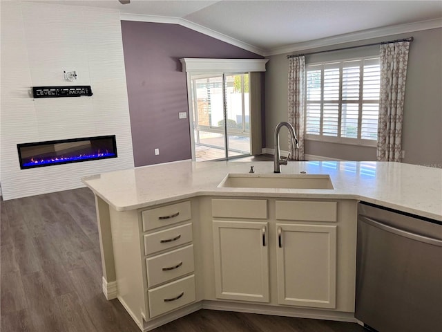 kitchen featuring a large fireplace, sink, dark wood-type flooring, light stone counters, and stainless steel dishwasher