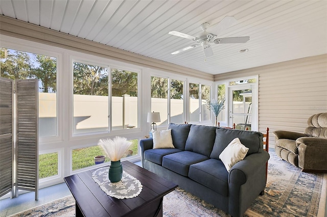 sunroom featuring ceiling fan and wood ceiling