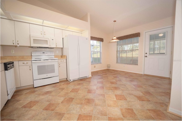 kitchen featuring white cabinets, decorative light fixtures, white appliances, and lofted ceiling