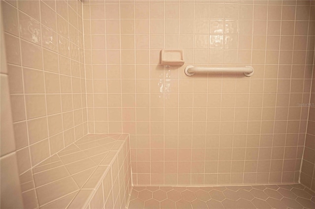 bathroom with a tile shower and tile patterned floors