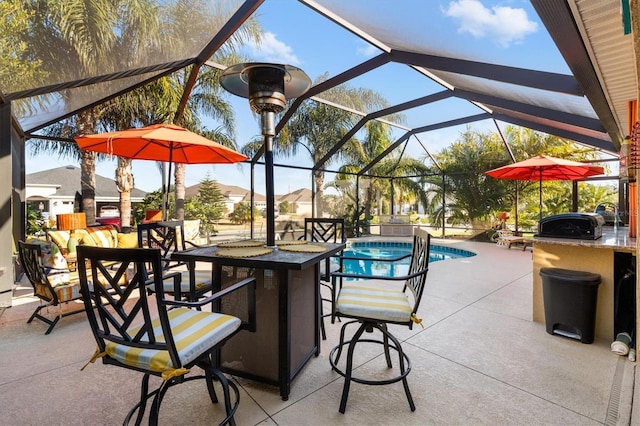 view of patio with glass enclosure and an outdoor bar