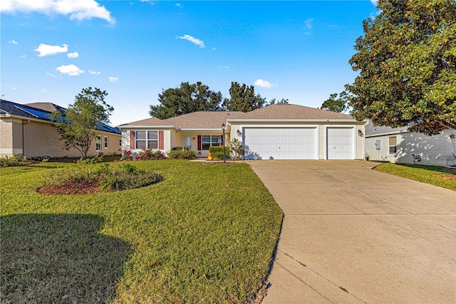 single story home featuring a front yard and a garage