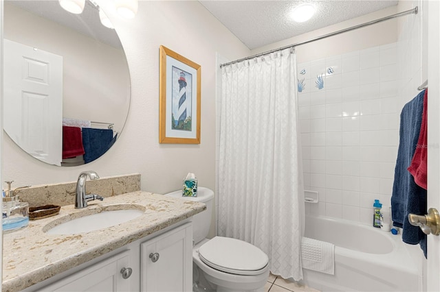 full bathroom featuring vanity, shower / bath combination with curtain, tile patterned flooring, toilet, and a textured ceiling