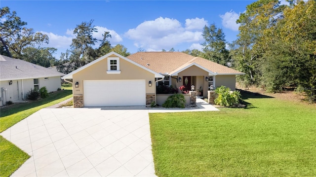 view of front of home with a front yard, stone siding, driveway, and stucco siding