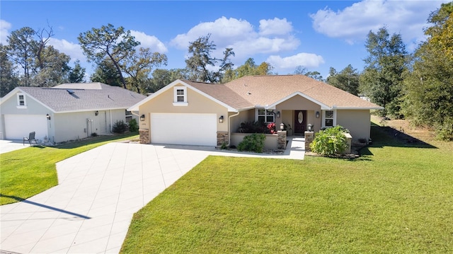 ranch-style home with stucco siding, concrete driveway, an attached garage, stone siding, and a front lawn