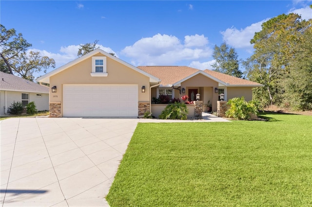 ranch-style home with stucco siding, a garage, stone siding, driveway, and a front lawn