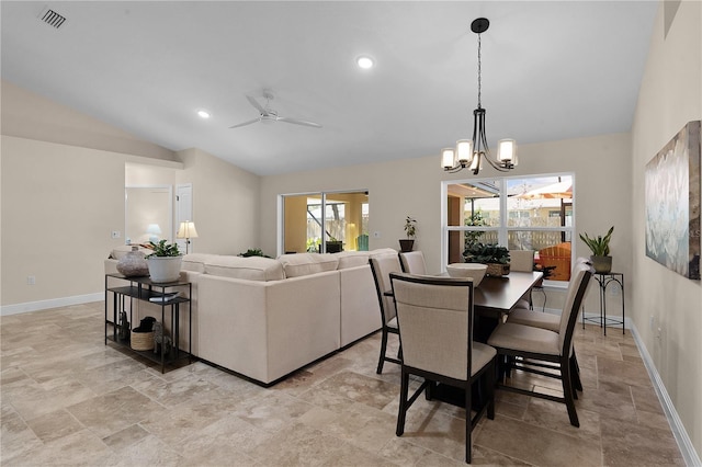 dining space featuring lofted ceiling, visible vents, plenty of natural light, and baseboards