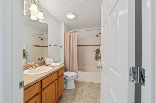 full bathroom featuring shower / tub combo with curtain, tile patterned flooring, vanity, a textured ceiling, and toilet