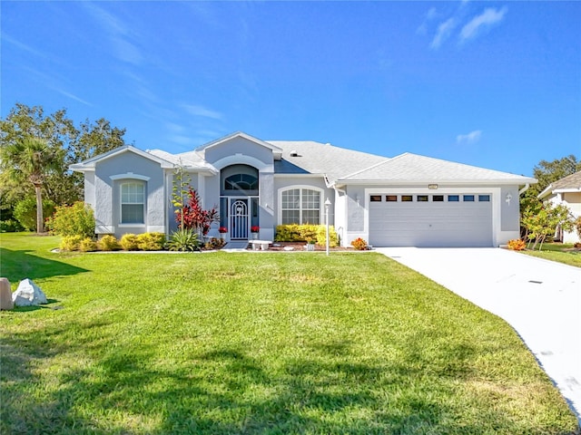 single story home featuring a front lawn and a garage